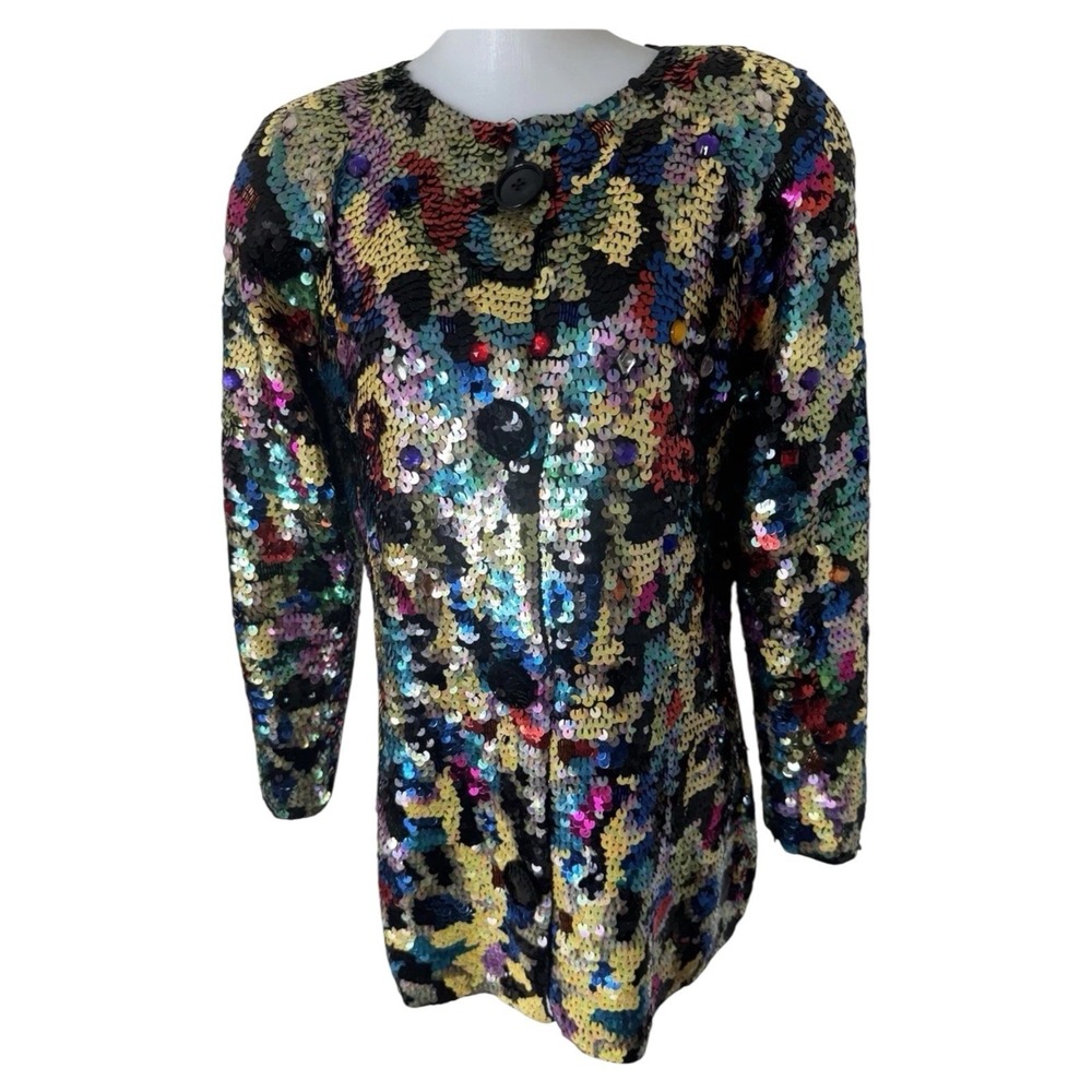 VTG‎ 90s Michael Simon Sequined Rhinestone Cardigan Sweater Jacket One Size